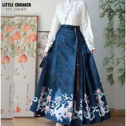 Vintage Vrouwen Chinese Traditionele Hanfu Vest Shirt + Blauwe Geplooide Mamian Rok Chinese Hot Hanfu Shirt Paard Gezicht Rok Set