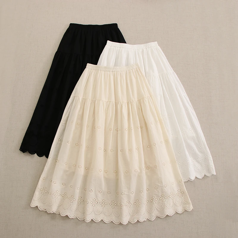 Spring Summer New Japanese Sweet Mori Girl Double Layer Embroidery Cotton Skirts Women Elastic Waist Casual Loose A-Line Skirt