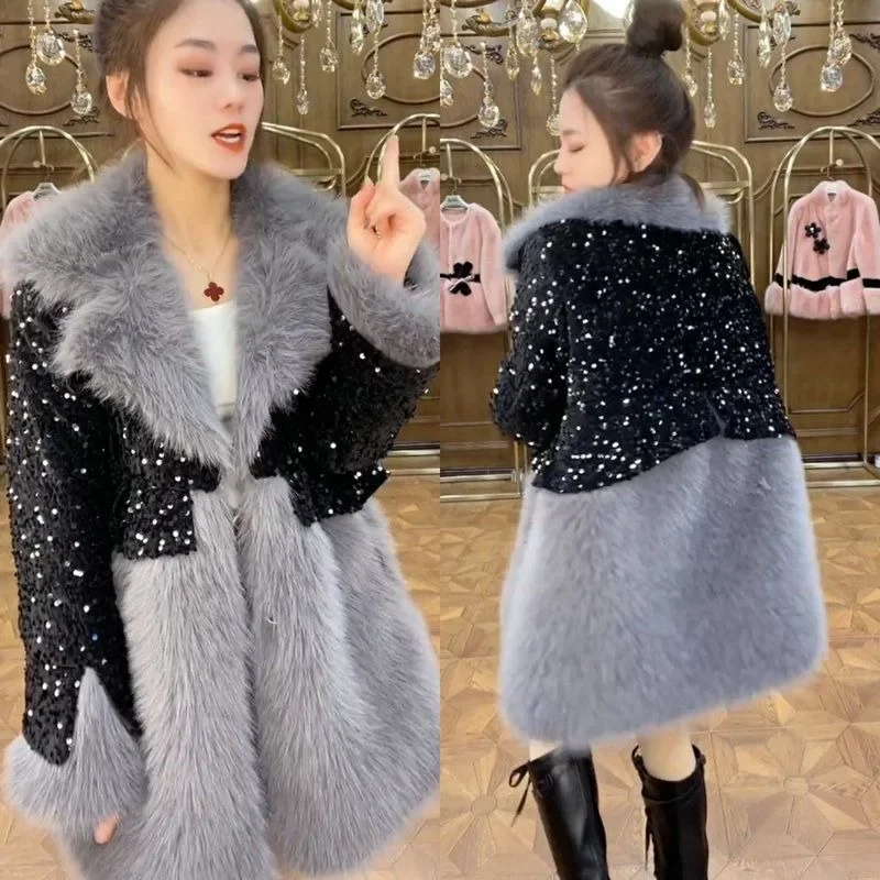 2023 Winter New Leather Fur Integrated Cotton Jacket Splicing Style Fashion Fox Fur Coat Mink Wool Padded Overcoat