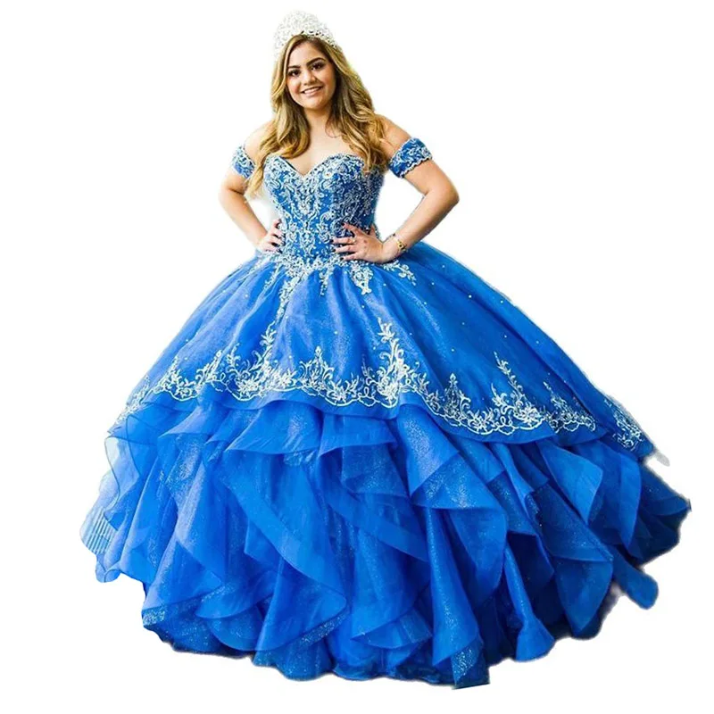 فساتين Quinceanera مطرزة باللون الأزرق ، وأكمام قصيرة ، وكشكشة على شكل قلب من الخلف ، فستان للحفلات الراقصة ، جديد ، 2023