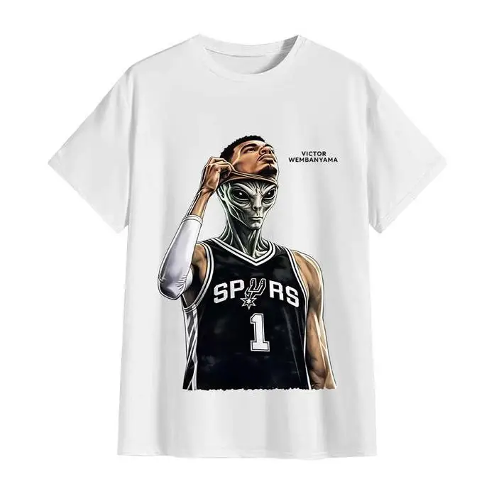 Vintage Acid Unisex Oversized T‑Shirt Victor Wembanyama Alien Mask Cartoon Portrait Graphic Perfect For Spurs Watch Parties Game Day Events Sports Fan Gatherings Casual Street Outfit For Basketball Supporters Men Women