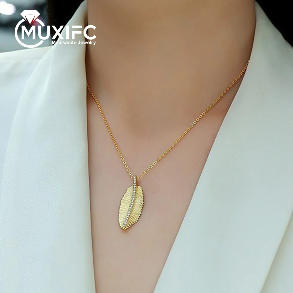 

MUXIFC Golden Leaf Moissanite Pendant Necklace for Women S925 Silver Sterling Plated 18K Gold With Certificate Chorker Jewelry