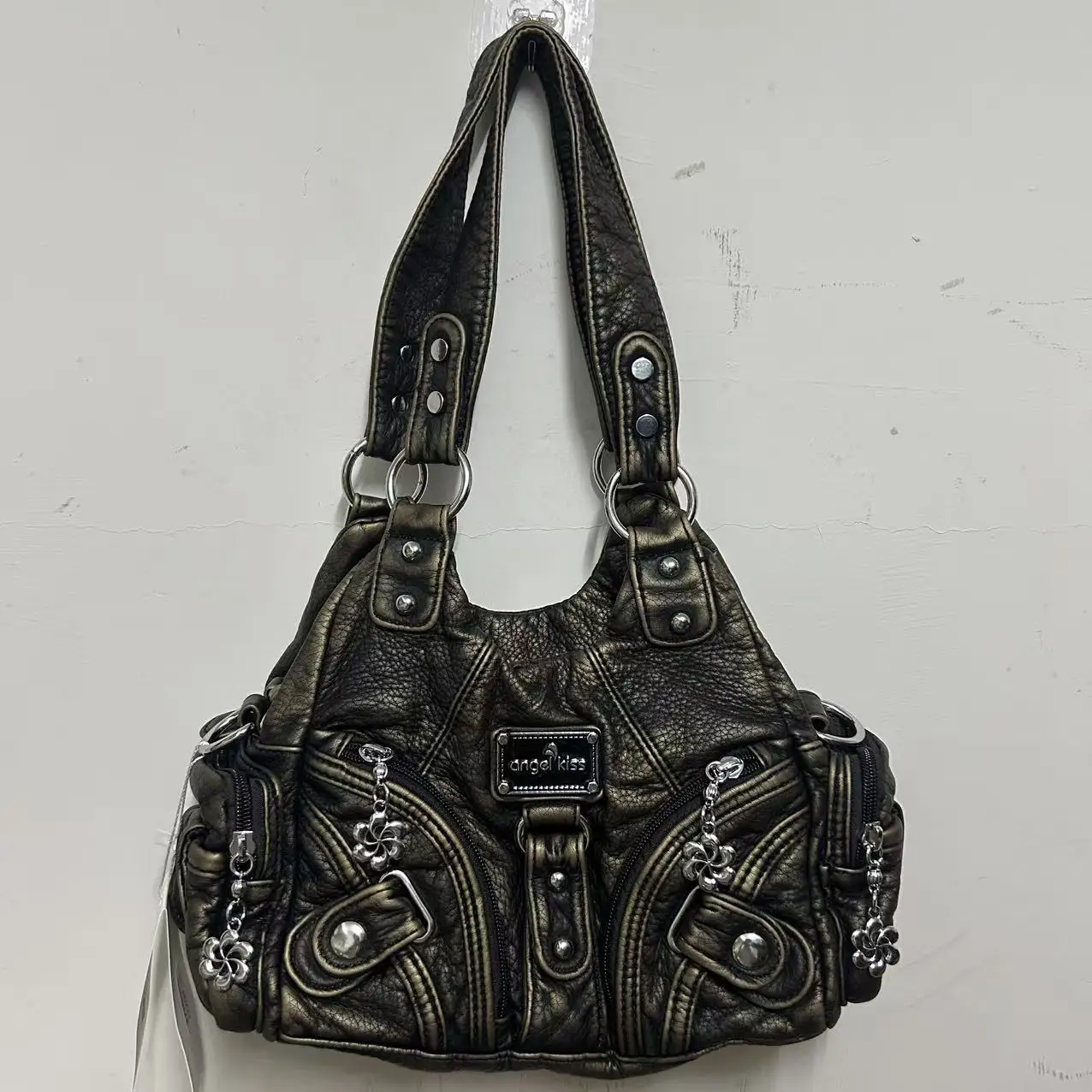 

Angel Kiss Style Retro Distressed Leather Hobo Bag, Edgy Y2K Crossbody Bag Spacious Multi-Pocket Shoulder Tote for Daily