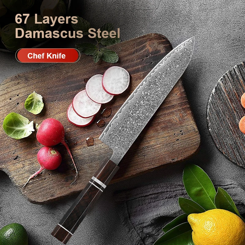 

8-inch Chef Knife Damascus Steel 67 Layer Sharp Meat Vegetable Cleaver Japanese Hand Forged Kitchen Knives Ebony Wood Handle