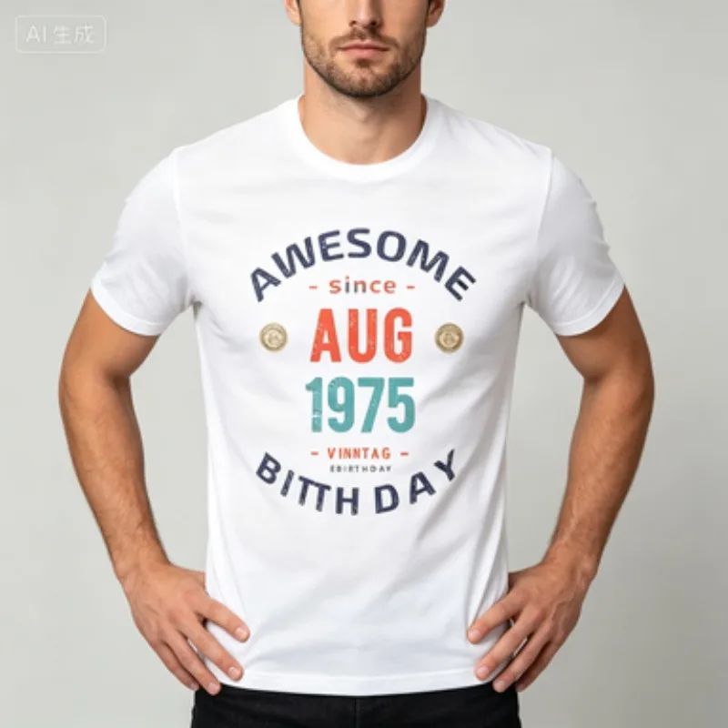 Men T‑Shirt Awesome Since Aug 1975 Vintage Retro Distressed Graphic Print Birthday Gift Short Sleeve Standard Fit Male Casual