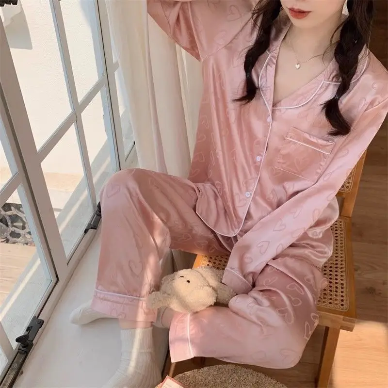 Long-Sleeved Trousers Simulation Silk Pajamas Female Autumn and Winter Cardigan Lapel Student Pajamas Love Blue Women\'s Homewear