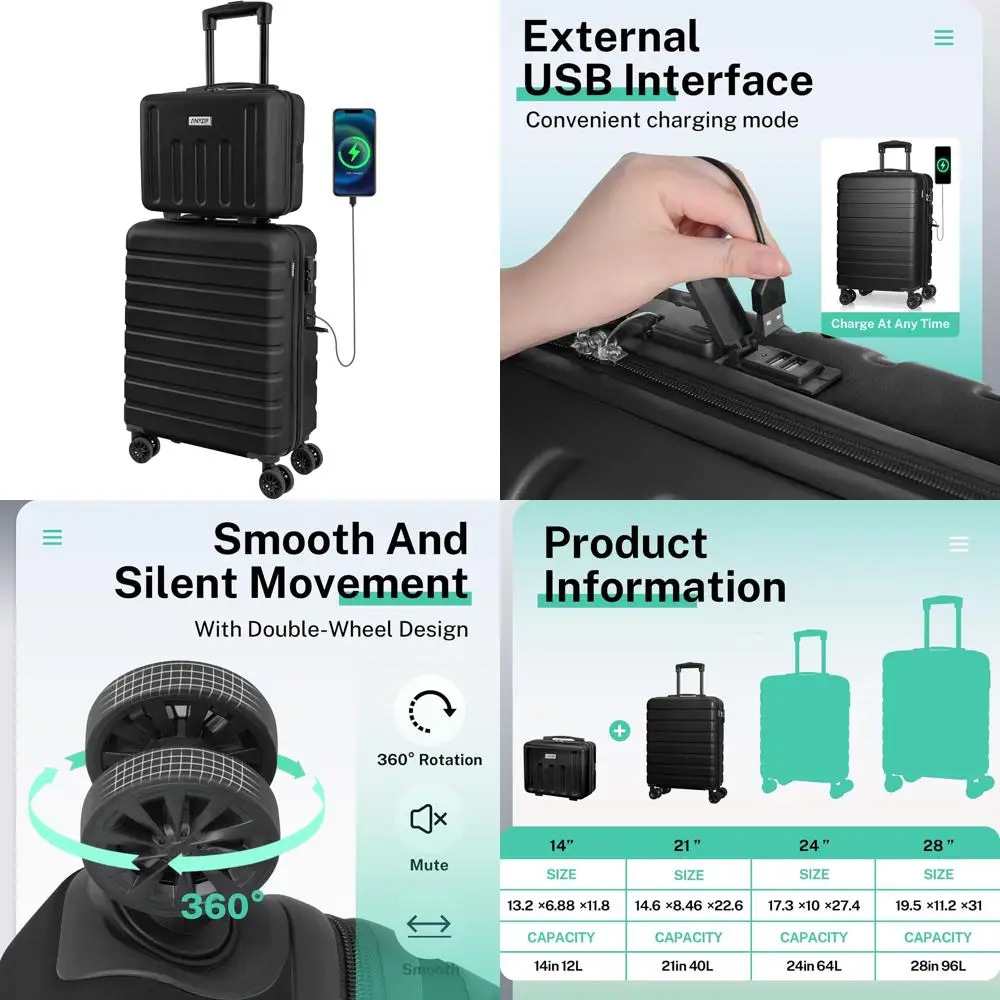 

Lightweight Hardside ABS Carry-On Luggage Set with USB Port and TSA Lock - 21 Suitcase and 14 Mini Cosmetic Case for Travel