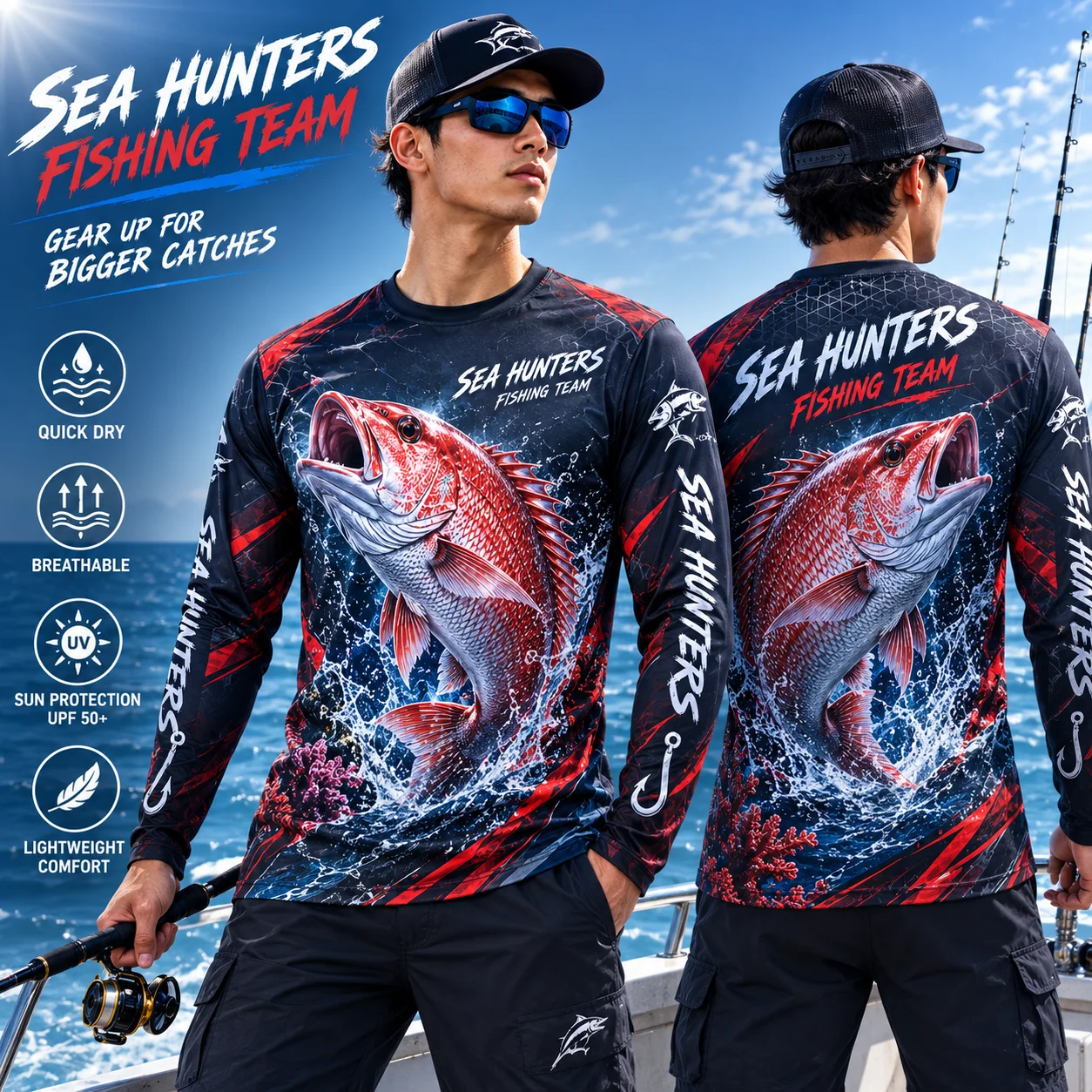 Red Snapper Fishing Shirt Men Ikan Merah 3D Fish Print Long Sleeve Quick Dry UPF 50 UV Protection Fishing Jersey Outdoor Angling