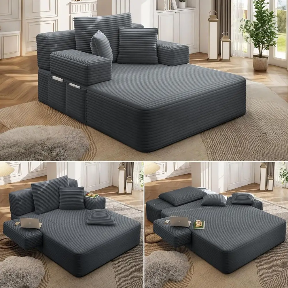 Gray Corduroy Chaise Lounge with 3 Pillows, Convertible Sofa Bed, Storage, Sleek Design for Comfortable Living Spaces