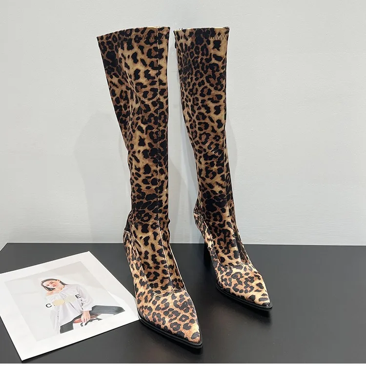 Dames luipaardprint mode laarzen sexy schoenen hoge hakken herfst over de knie laarzen pu leer cowboy ridderlaarzen cosplay