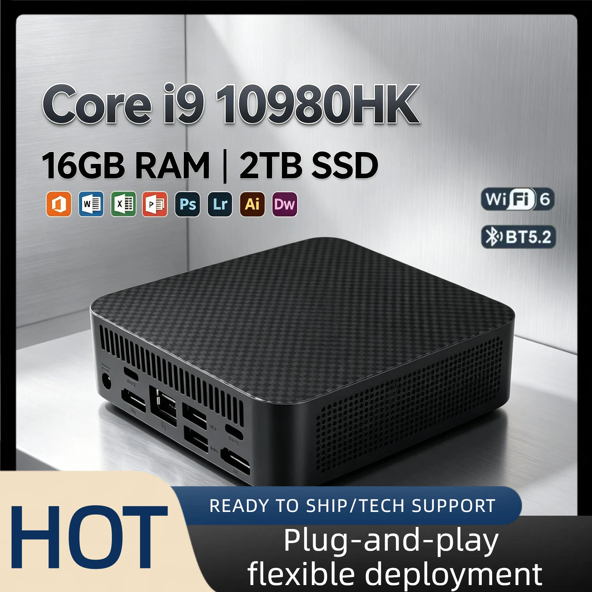 Core i9 10980HK Portable Mini Desktop 16GB DDR4 M.2 NVMe SSD Triple 4K Display WiFi6 Silent Cooling Home Office PC Host