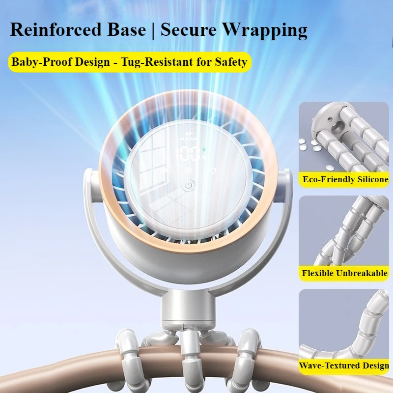 Eary Portable Octopus Stroller Fan Auto Oscillation 100 Speed Wind Rechargeable 4000mAh USB Charging Handheld Octopus Fan
