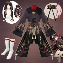 Genshin Impact Hutao fantasia de cosplay com peruca feminina, uniforme Hu Tao, estilo chinês, jogo de anime, fantasias de Halloween, 2022