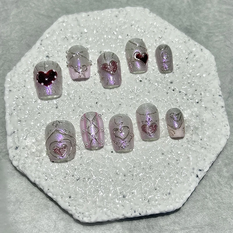 10 Pieces Baroque Style Press On Nails Handmade Sweet Cool Cat Eye Star Moon Sweetheart Fake Nail Patch Removable