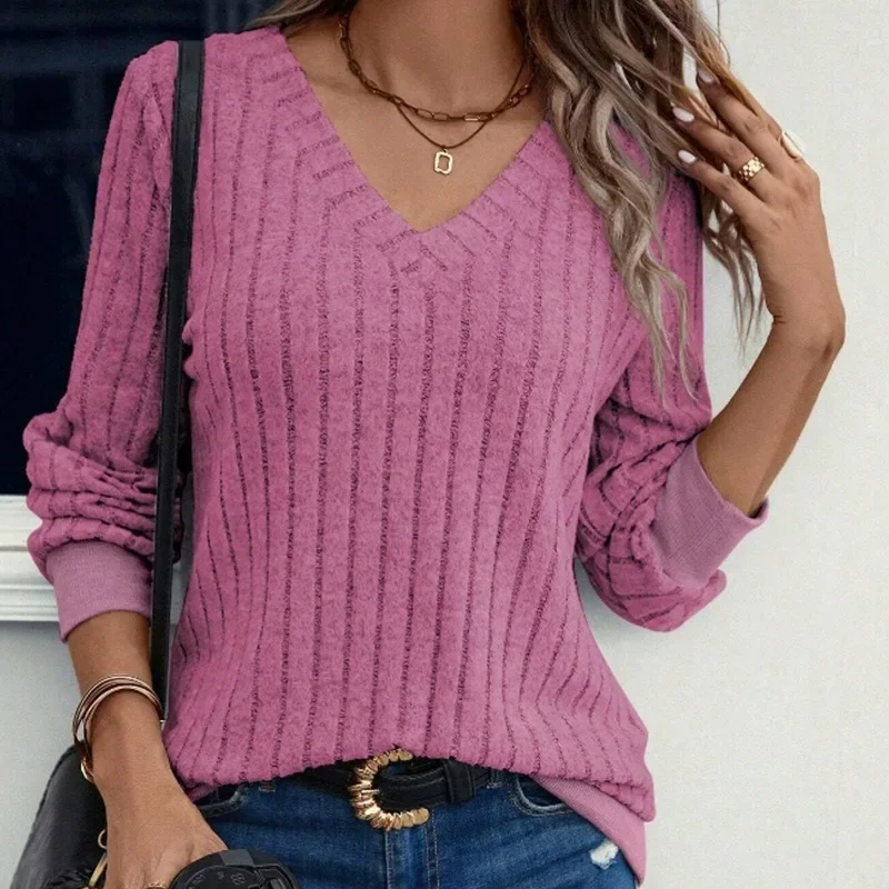 

New European and American women's V-neck brushed pit stripe solid color long sleeved minimalist top
