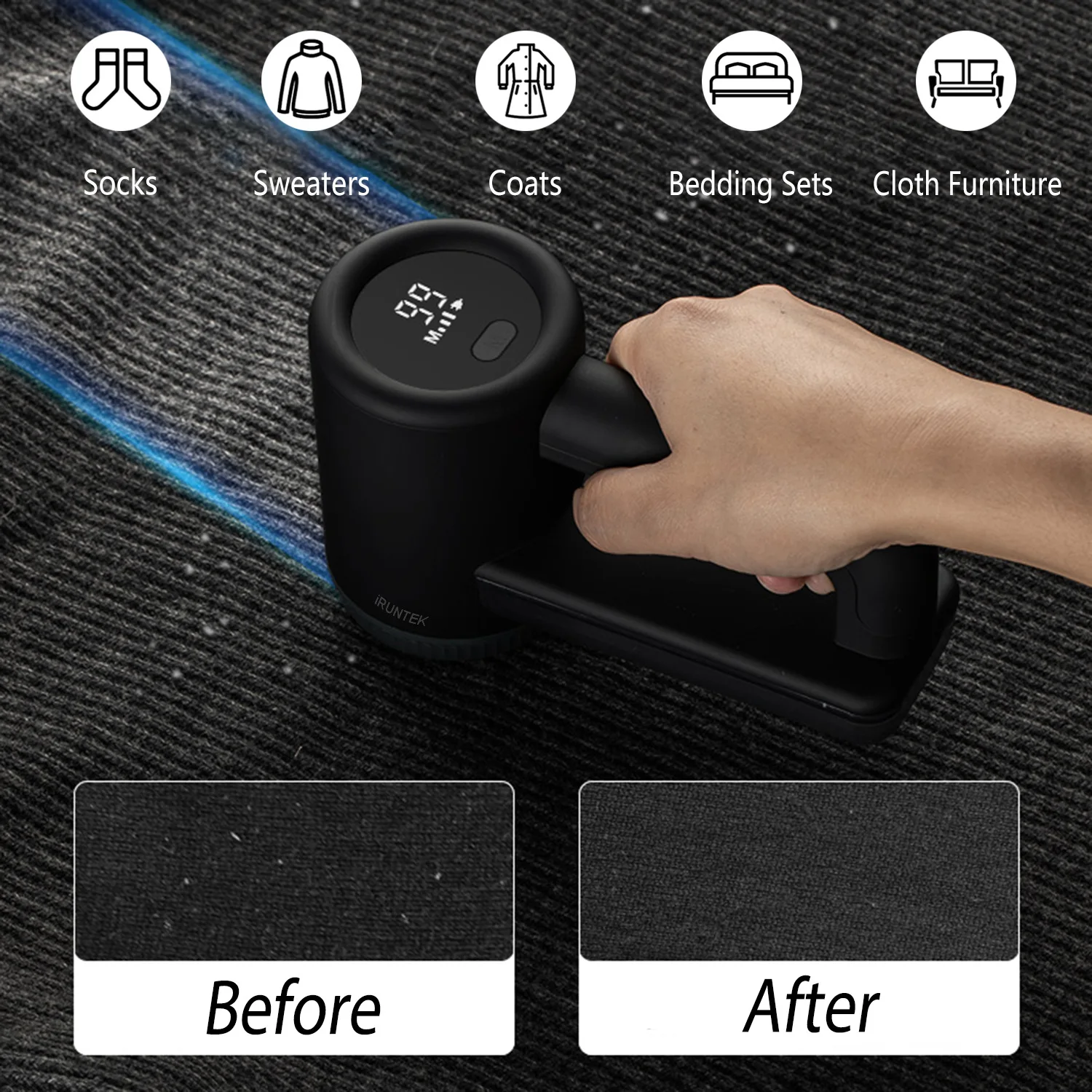 Wiederaufladbarer Stoff-Kleidungsrasierer, Pillen-Fusselentferner, 3 Geschwindigkeiten, 2000 mAh, LED-Anzeige, Fusselentferner für Pullover, Couch, Bettwäsche, Bettlaken – Detail 5