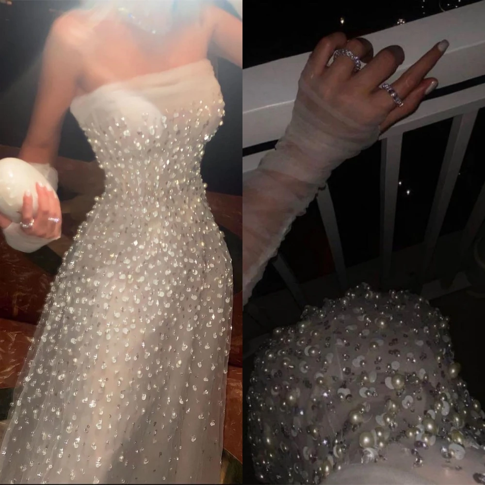 Robe de Soirée Longue en Tulle, Tenue Drapée, Sans Bretelles, avec Perles, sur Mesure, pour Occasions Formelles