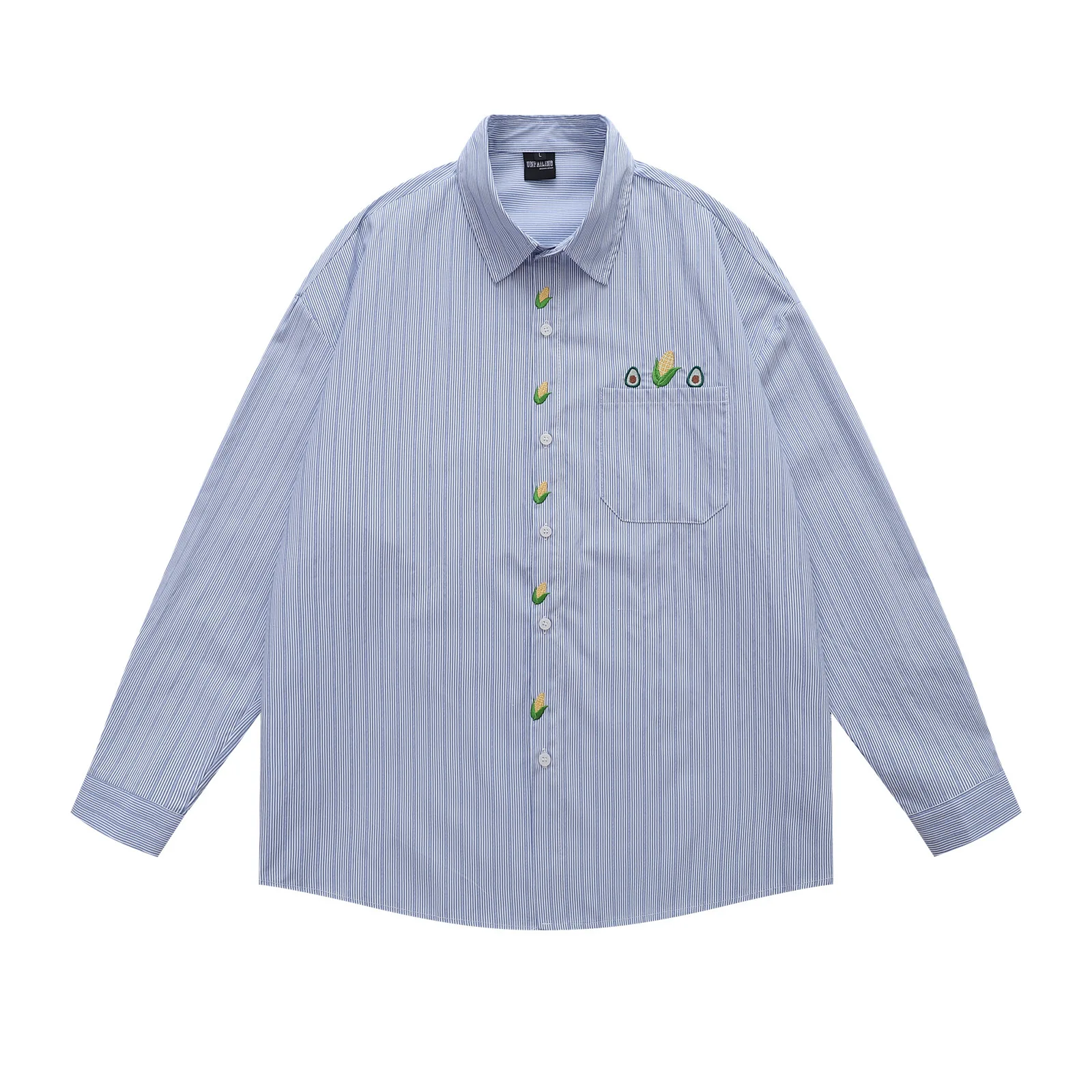 

American Style Men Corn Embroidery Striped Long Sleeve Shirt Y2K Unisex Streetwear Autumn Loose Casual Button Down Shirt Jacket