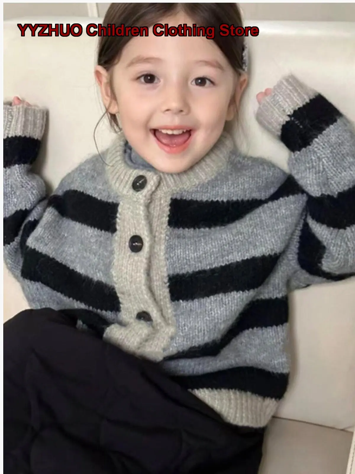 Girls Knit Cardigan 2026 Autumn Fashionable Striped Knit Jacket Cartoon Print Animal Pattern Kids