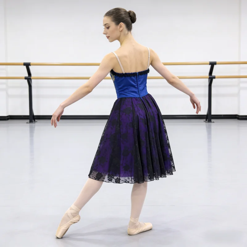 Thin Strap Heart Neck Ballet Performance Dress Gold Vine Embroidery Contrast Floral Lace Flared Short Skirt Dancewear Suitable F