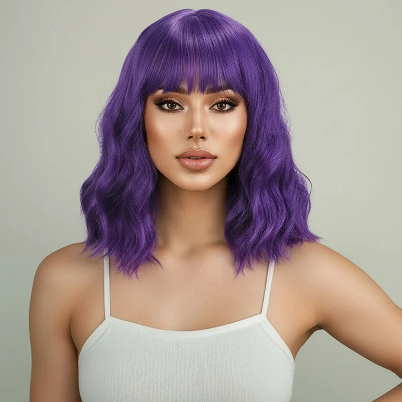 Music Festival Purple Straight Bangs Bob Short Curly Hair Corn Perm Shoulder-Length Cosplay Synthetic Wig Women's Hairstyle Hall - view 2
