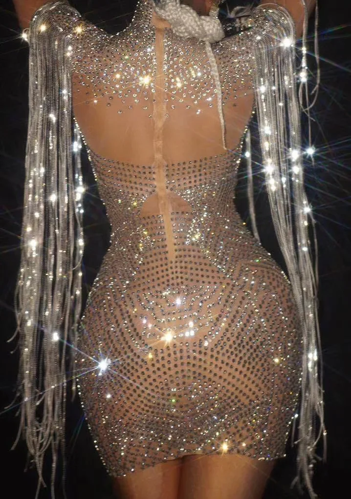 Nude Shining Rhinestones Sparkly Long Tassel Sexy Dress For Women Nightclub Clothing Stage Singer Costumes Party Evening Wear