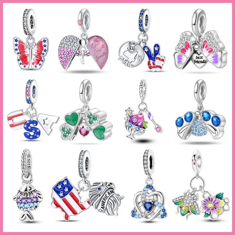 100% 925 Sterling Silver Luminous Nation Flag Sparkling Open Heart Butterfly Charms Fit for Pandora Bracelet Diy Jewelry Making