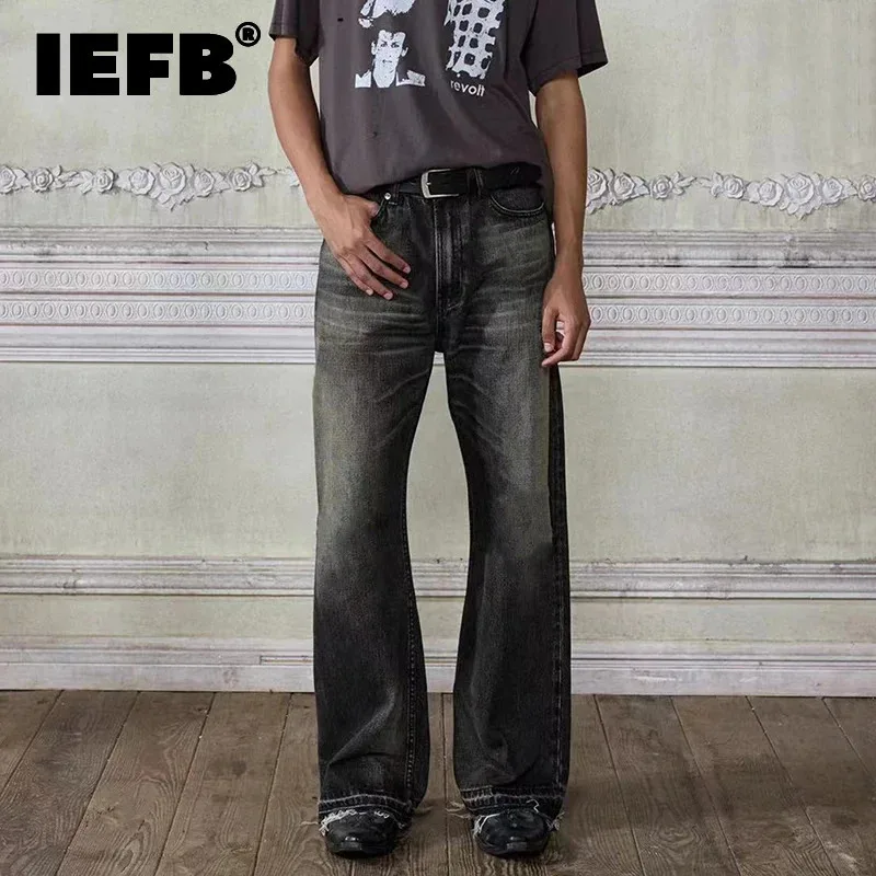 IEFB High Street Men's Denim Pants Tassel Leg Opening Solid Color Wide Leg Bottom Straight Loose Male Trousers New Autumn 9C8230