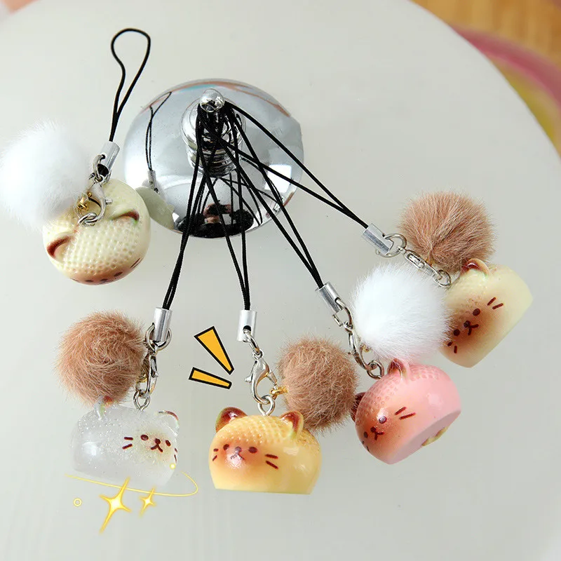 Cartoon Little Furry Cat Keychain Charms Phone Chain Straps Cute Bag Backpack Hanging Pendant Key Chain Keyring For IPhone