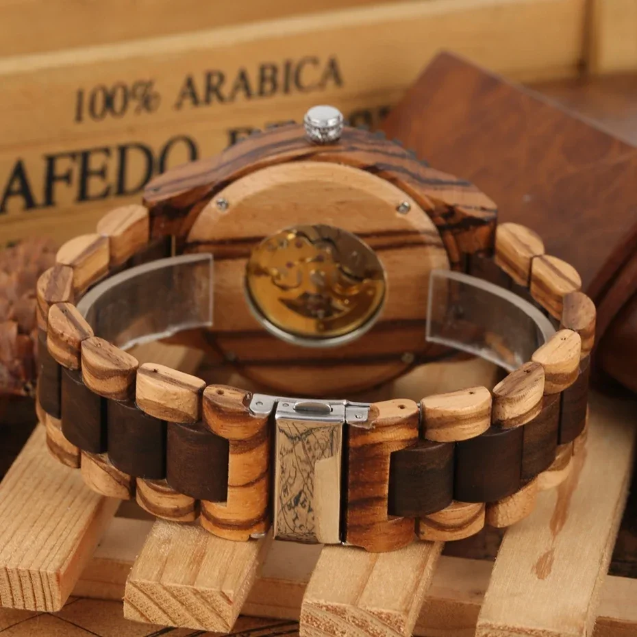 Reloj Automático redondo de lujo para hombre, pulsera de madera ajustable, reloj de pulsera mecánico de moda, nuevo