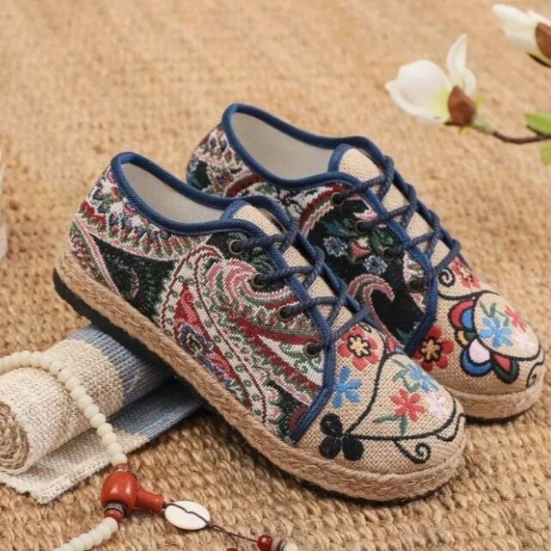 Women Shoes  Round Head Cotton Linen Canvas Single National Woven Round Toe Lace Up Cloth Shoes Woman Flats Size 35-40