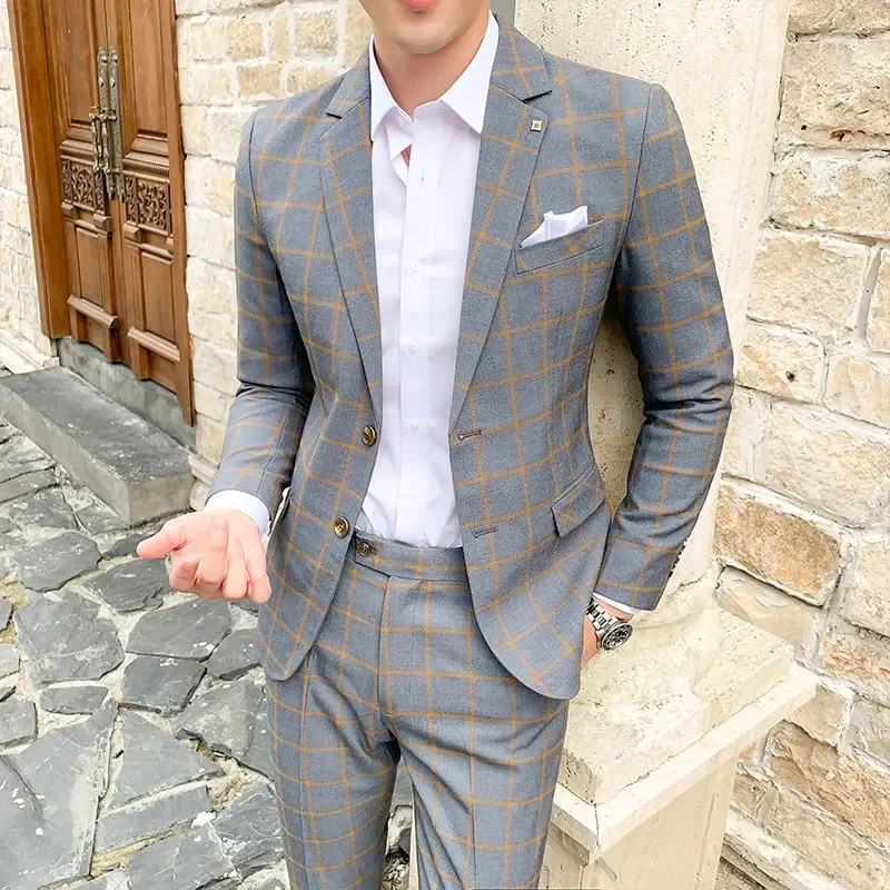 2 Pieces Suits Set Men Style Design Fashion Male Slim Fit Plaid Wedding Dress Blazers Jacket Pants Trousers Coat