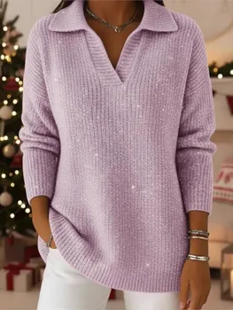 Women's V-Neck Sequin Knit Sweater 2 Fashion Sequins Sweater Lady Casual Knit Long Sleeve V Neck Pullover Sweaters Tops For Women Holiday Chic Women's Clothing New 2