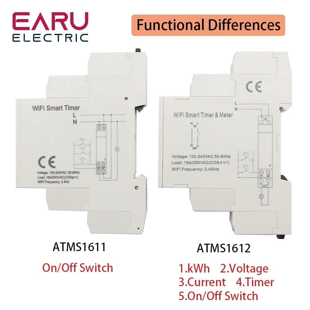 AC 110V 220V 16A Single Phase Din Rail WIFI Smart Timer Relay Switch Breaker Remote Control by Tuya APP KWH Energy Power Meter