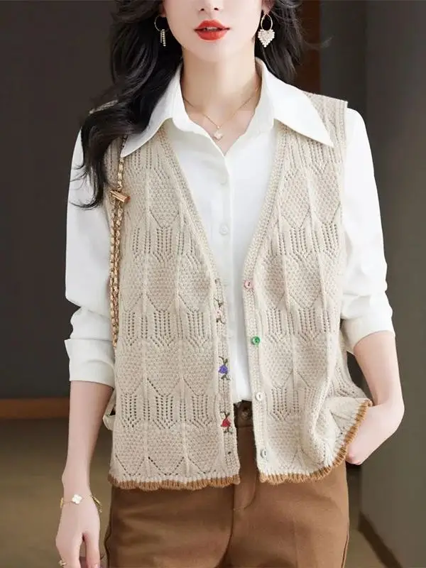 Women's V-Neck Open Cardigan Style Sleeveless Knitted Vest Loose Slimming Spring Autumn New Loose Fit All-Match Outerwear