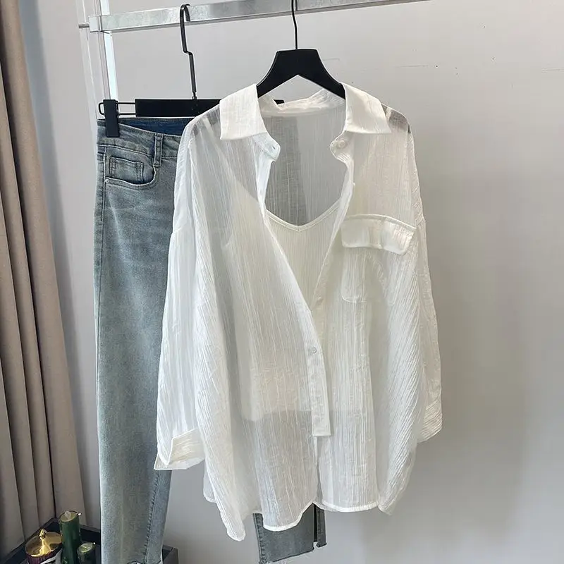 Csa Fena de Verão Fina Estilo Coreano Cor Pura Manga Longa Solta Proteção Solar Seda Aodão Casual E