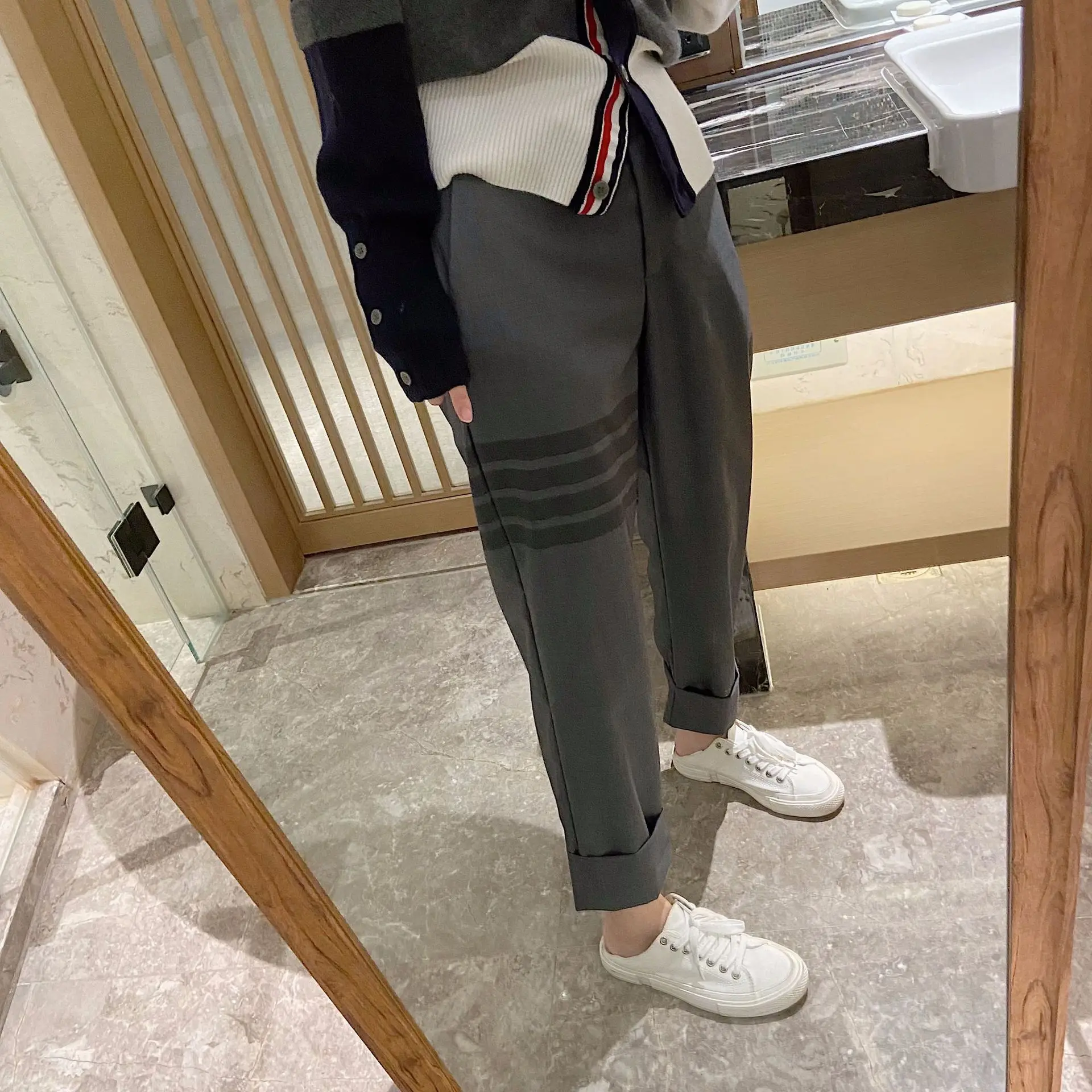 New Summer Office Lady Casual Gray Suit Pants Female Classic Stripe Nine-point Pants Women Streetwear Trendy Straight-leg Pants