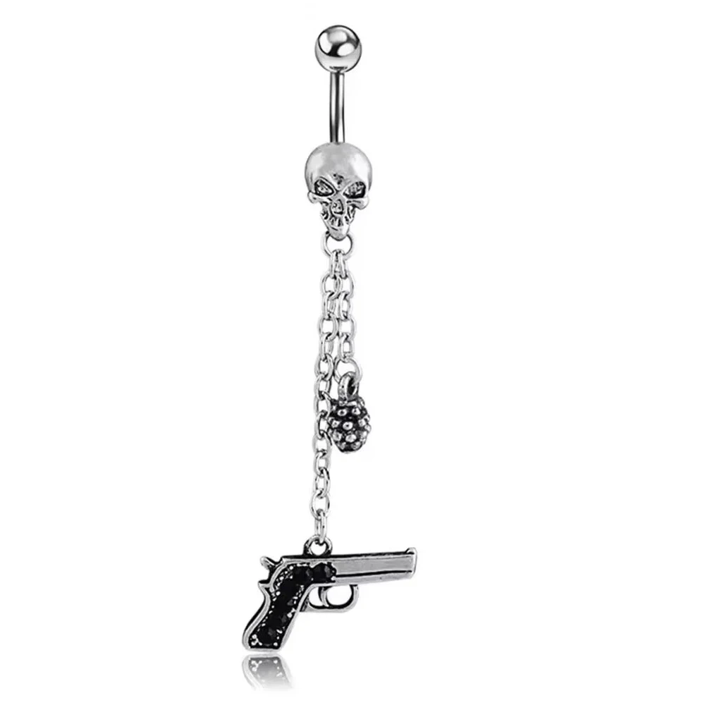 1pcs Vintage Skull Gun Dangled Belly Button Rings Stainless Tassel Sun Moon-Shaped Curved Belly Piercing Ombligo 14G Navel Ring
