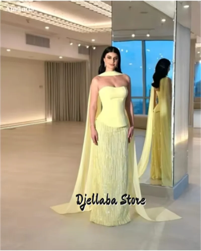 

Customized Yellow Strapless Beaded Evening Dress 2025 Saudi Arabia Elegant With Cape Prom Dress Formal Party Dress فستان