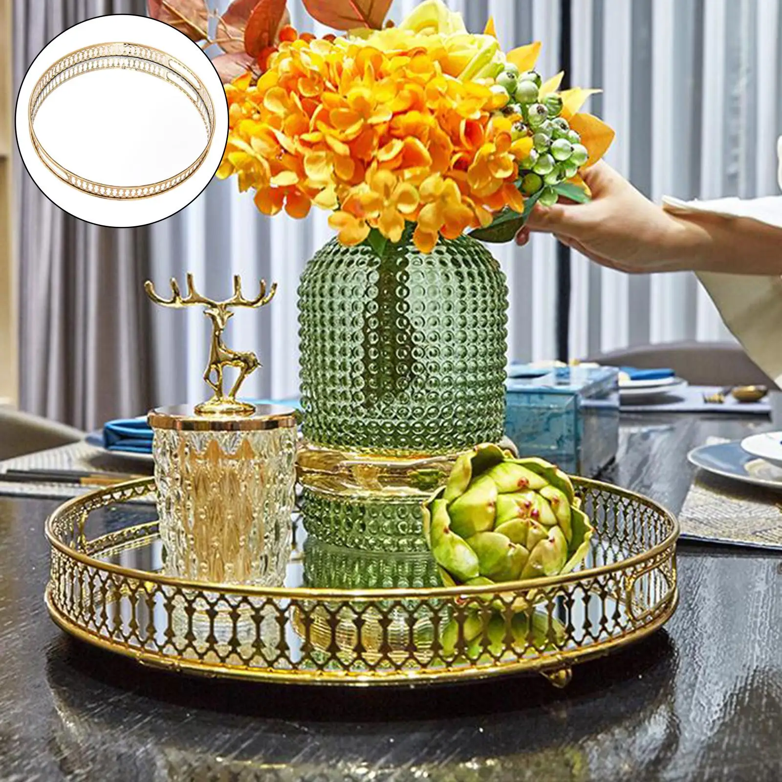 Crystal Tray Makeup Organizer Storage Holder Round Serving Plate Tray Gift
