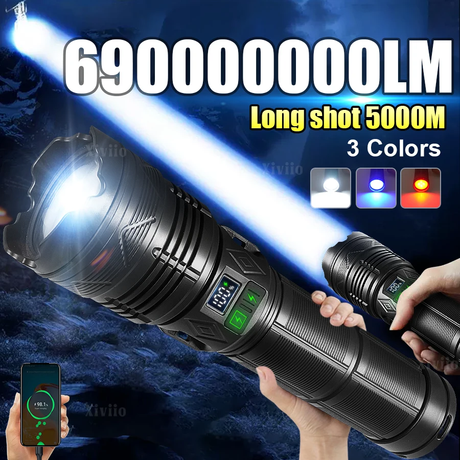 69000000LM 15000W Ultra Powerful Flashlight Telescopic Zoom Flash Lights Type-c Rechargeable LED Torch Outdoor Adventure Camping