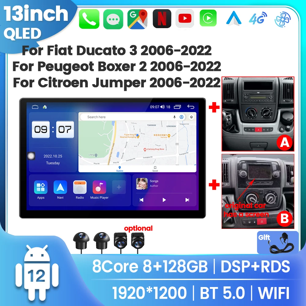 

13" Android 13 Car Radio Multimedia Video Player For Fiat Ducato 3 For Peugeot Boxer 2 For Citroen Jumper GPS Navi Carplay Unit