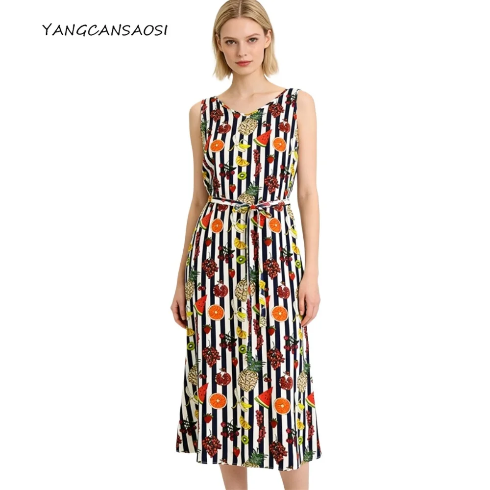 

2026 Women's Casual Summer New 100% Natural Mulberry Silk Crepe De Chine V-neck Fruit Printed Navy Blue Stripe Vest Dress