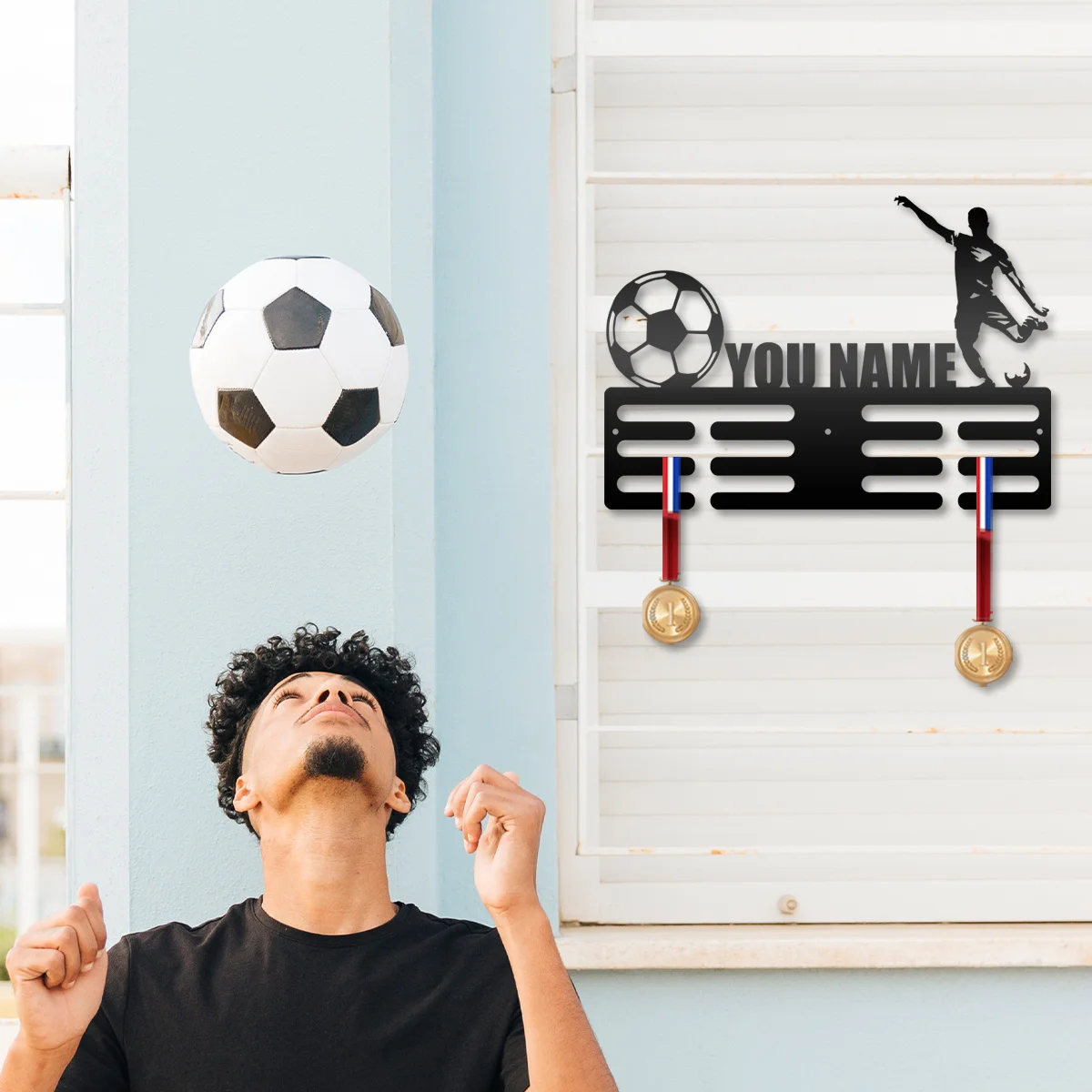 1pc Custom Super Cool Football Player Metal Medal Holder,Sports Carnival Hang Metal Wall Art Suitable for Running Marathon Match