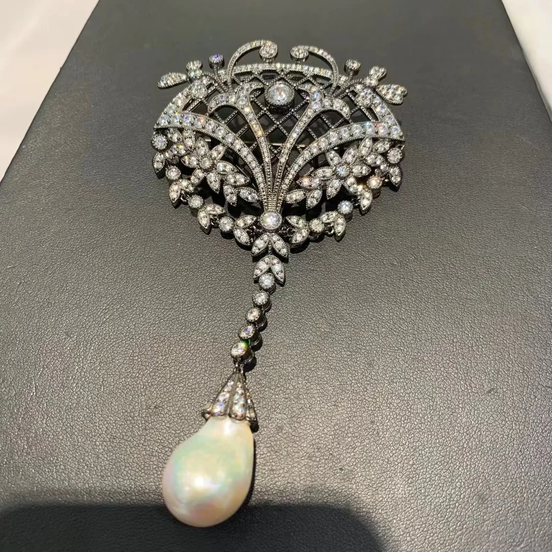 

vintage victoria baroque natural fresh water pearl brooch 925 sterling silver with cubic zircon artdeco luxury women jewelry