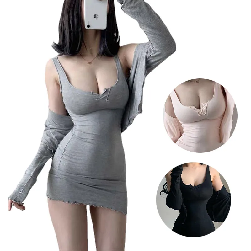 Woman Sexy Mini Dress Pornstar Ripped Girls Cardigan Crop Tops Shirt Skirt Set Fashion Club Party Korean Open Breasted Clothing