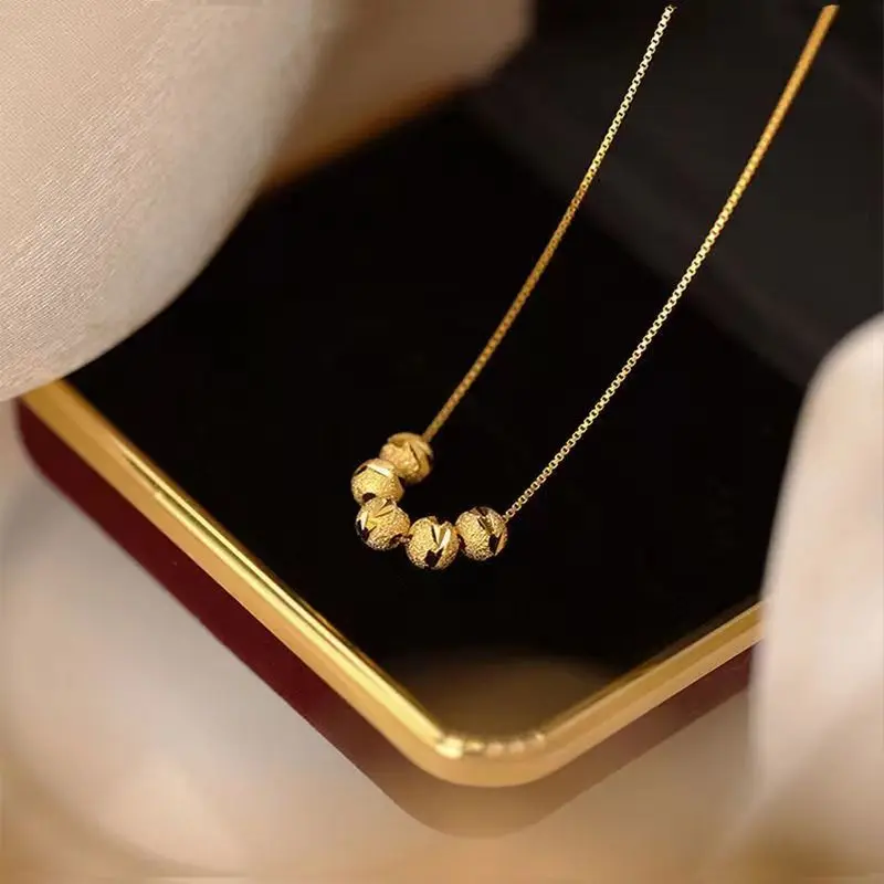 Exquisite Carved Transfer Beads Pendant Necklace For Women Lady Lucky Minimalist Metal Thin Chain Necklace Casual Party Jewelry