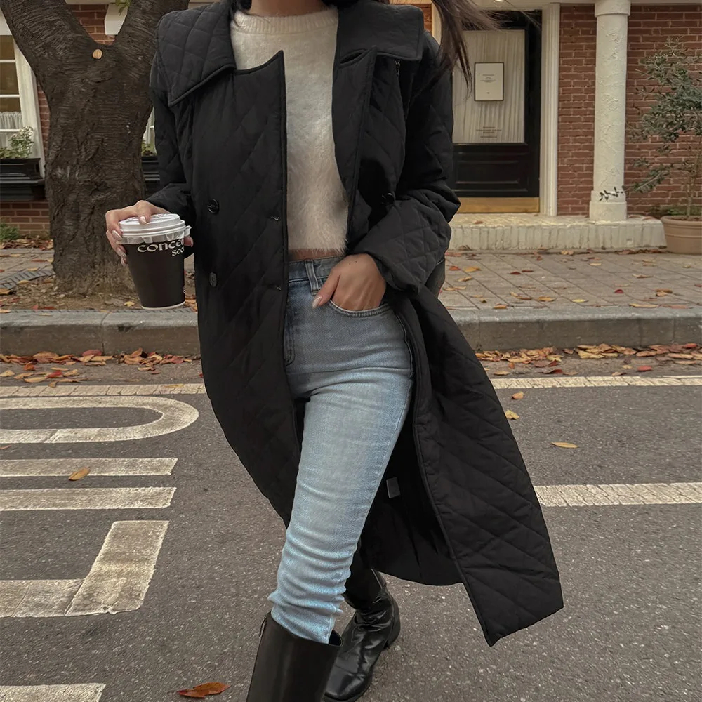 

Faionable Women's Cotton Jaet Chic Autumn Winter High-End Feeling Double-Row Buttoned Diamond id Belted Warm Coat