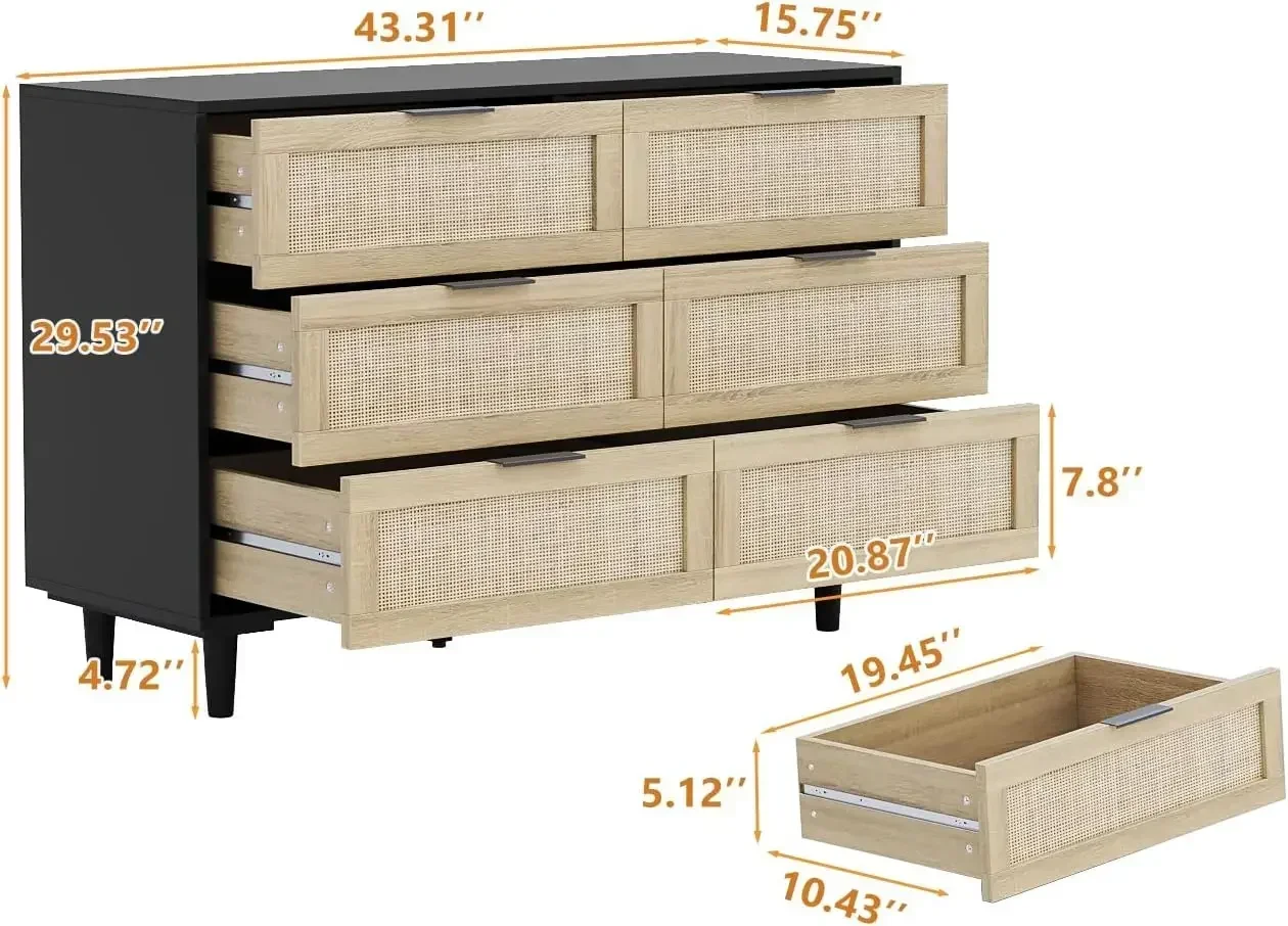 Wide Wicker Dresses for Bedrooms Bohemians and Farmhouses Drawer Cabinets 43 Inch Storage Wardrobes Metal Handles and Wooden Leg