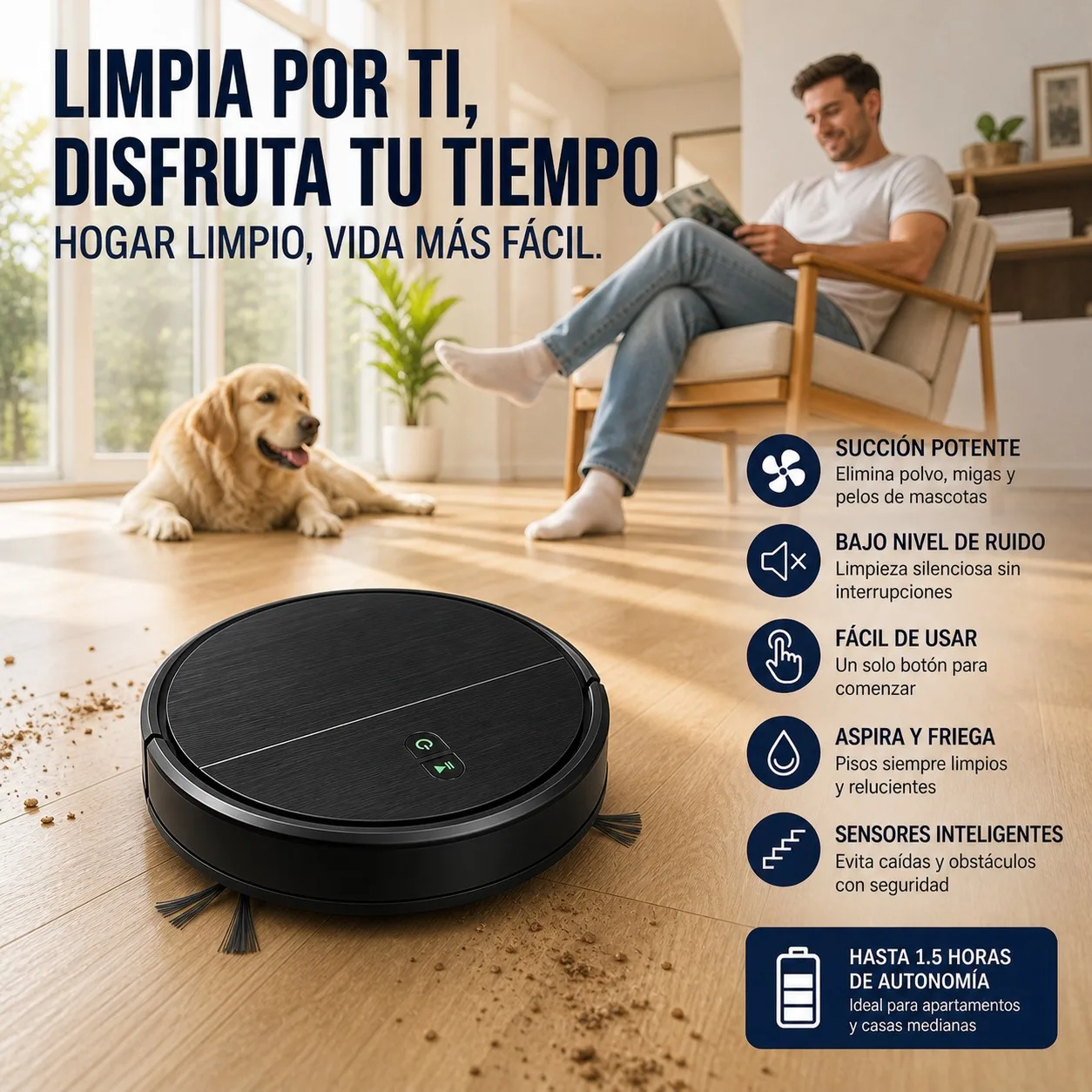 Robot Aspirador y Fregador Inteligente de 11W con Diseño Ultrafino de 7cm, Autonomía de 1.5 Horas, 3 Modos de Limpieza y Sensores